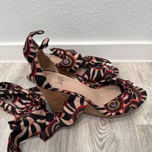 Impo Wedge‎ Heels Ankle Wrap Fabric Tie Black Orange Pattern Party Shoes